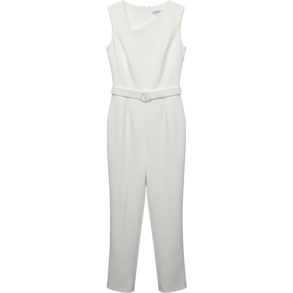 NWT Alexa B Nites Ivory Asymmetric Draped Neck Belted Wide Leg Jumpsuit Size 10